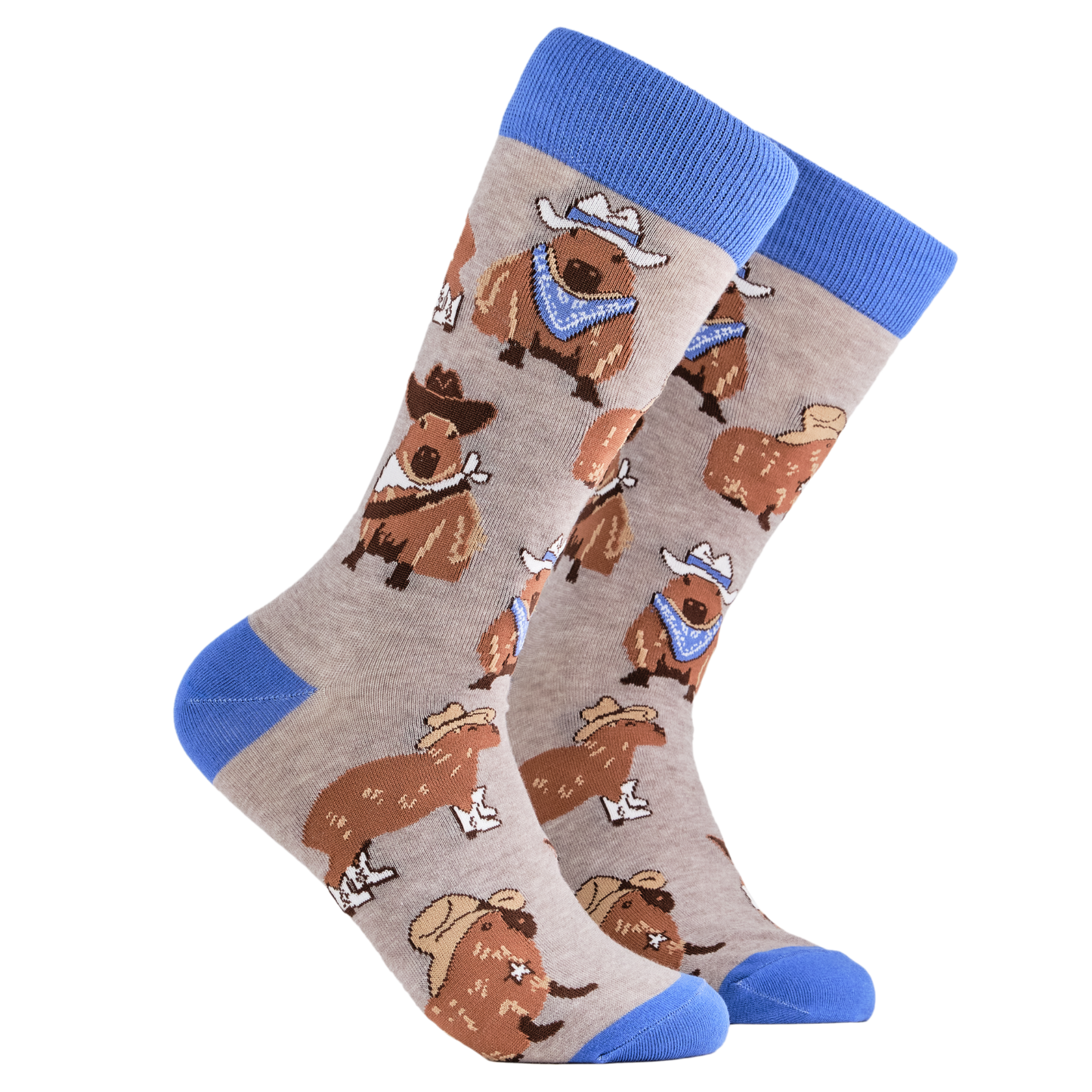 
                  
                    Cowboy Capybara Socks. A pair of socks depicting Capybaras wearing cowboy hats. Grey legs, blue cuff, heel and toe.
                  
                