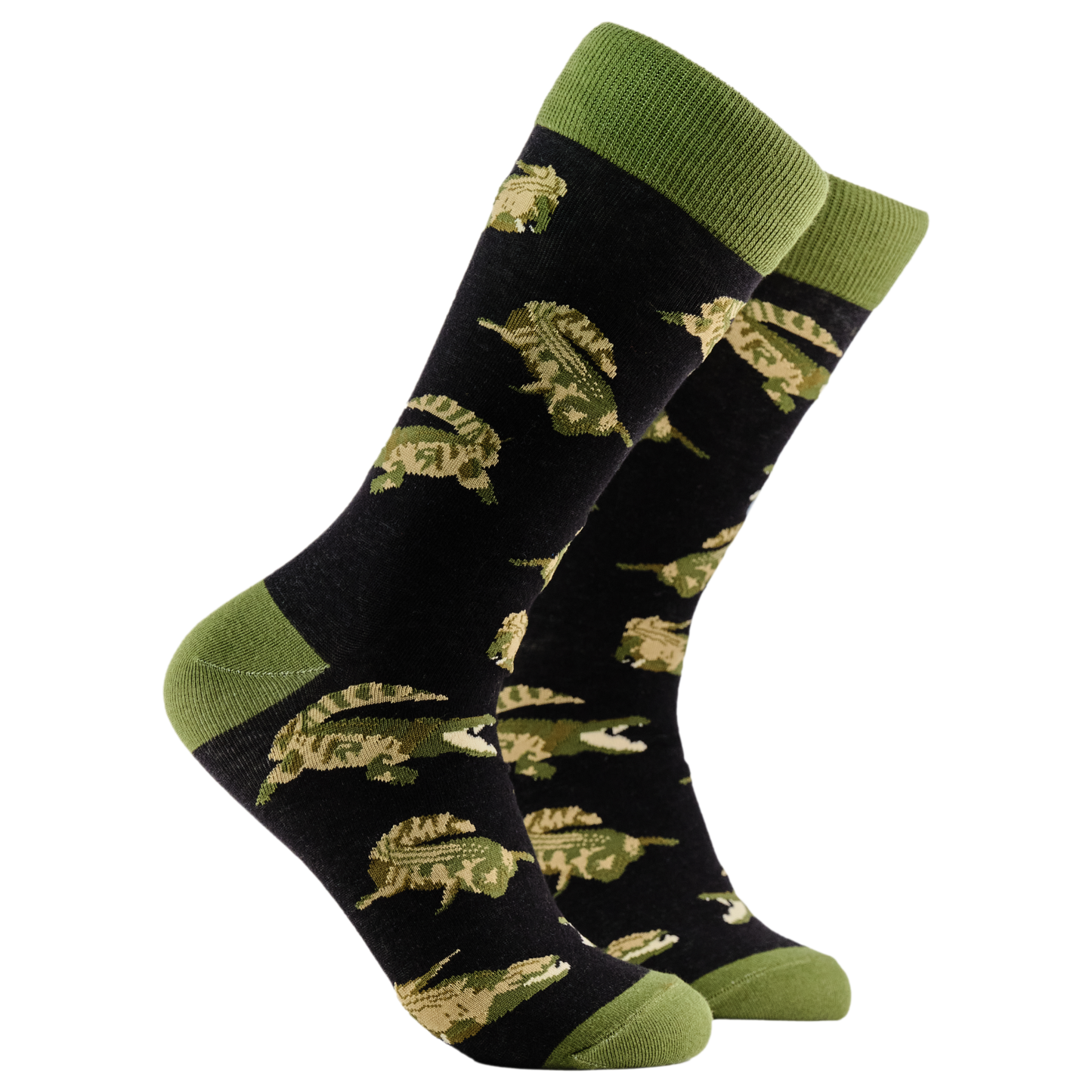 Crocodile Socks - Crocsoc. A pair of socks depicting crocodiles. Dark blue legs, green cuff, heel and toe.