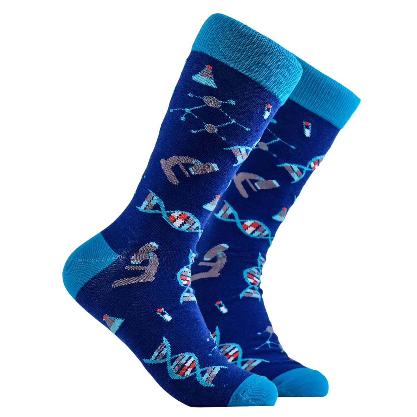 DNA Socks. A pair of socks depicting DNA and microscopes. Blue legs, light blue cuff, heel and toe.