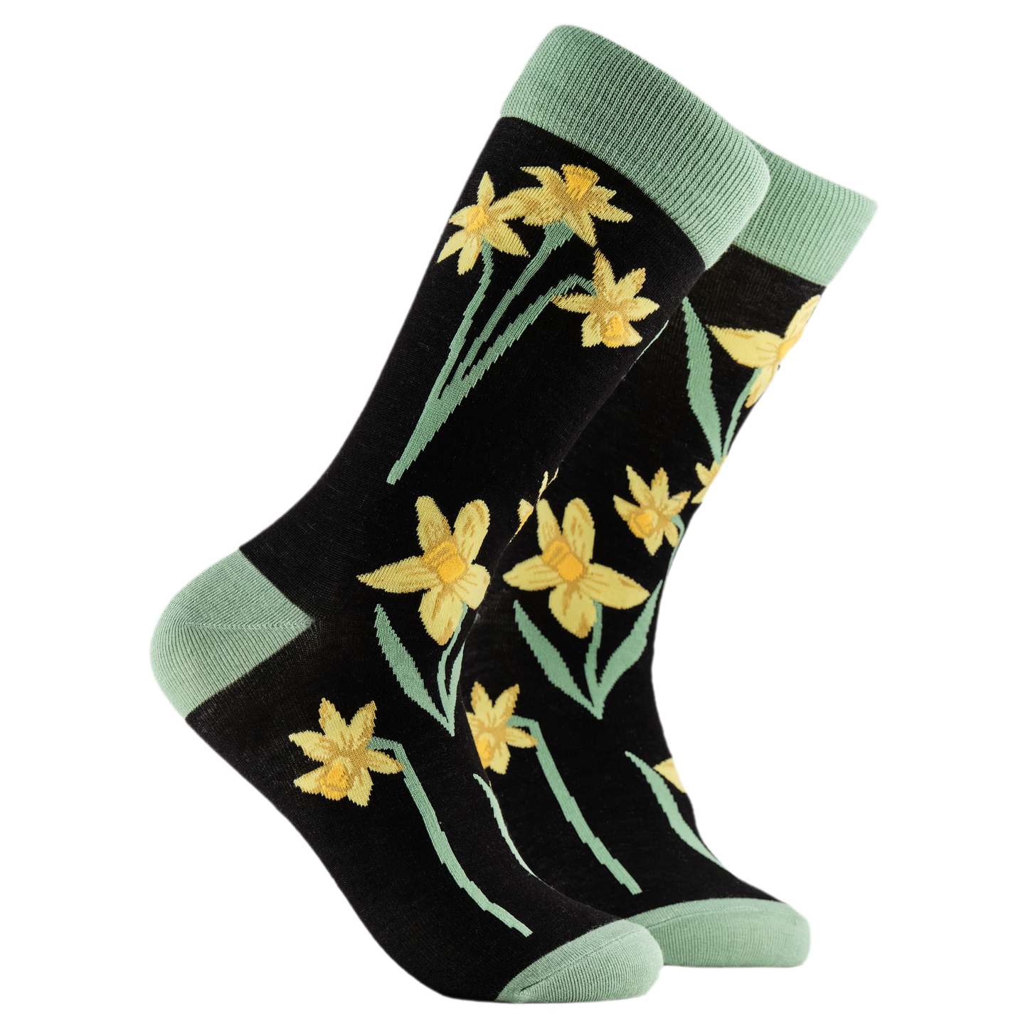 Daffodils Floral Bamboo Socks. A pair of socks depicting daffodils. Black legs, light green cuff, heel and toe.