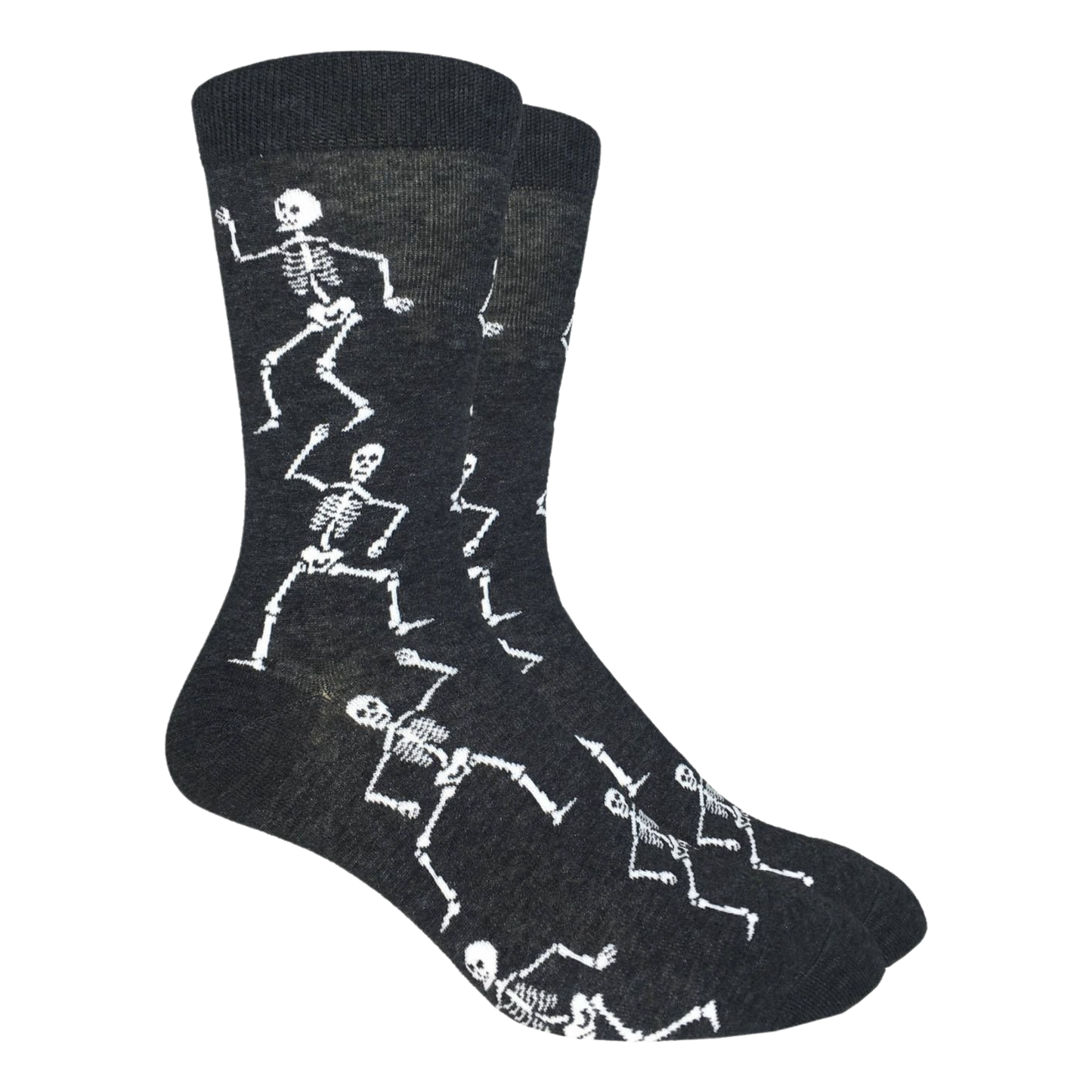 
                  
                    A pair of socks depicting dancing skeletons. Black leg, cuff, heel and toe. 
                  
                