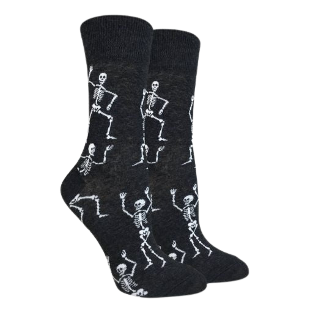 Dancing Skeletons Socks. A pair of socks depicting dancing skeletons. Black leg, cuff, heel and toe. 