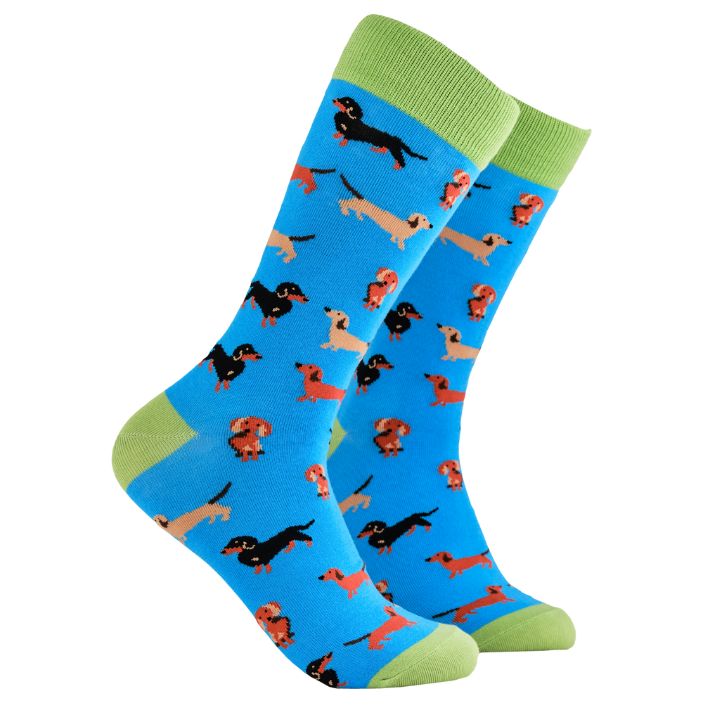 Sausage Dog Socks - Dasching Around. A pair of socks depicting sausage dogs. Blue legs, green cuff, heel and toe.