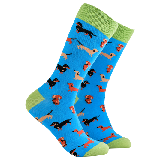 Sausage Dog Socks - Dasching Around. A pair of socks depicting sausage dogs. Blue legs, green cuff, heel and toe.