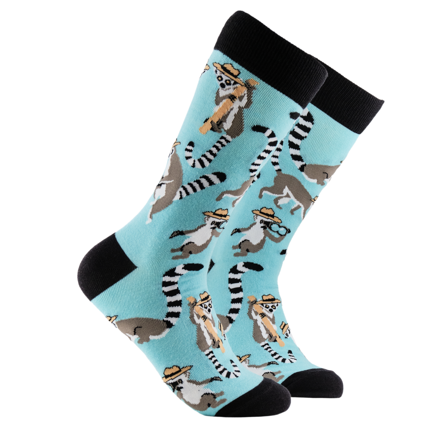 Detective Lemur Socks. A pair of socks depicting Lemurs being detectives. Light blue legs, black cuff, heel and toe.