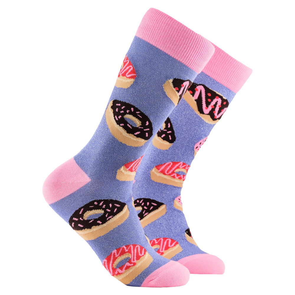 Doughnuts Socks. A pair of socks depicting iced doughnuts. Light purple legs, pink cuff, heel and toe.