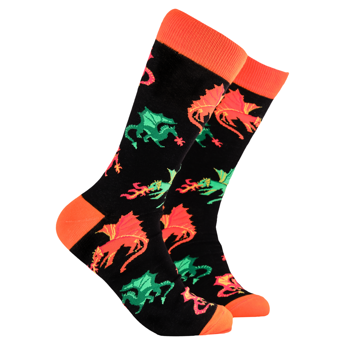 
                  
                    A pair of socks depicting fire breathing dragons. Black legs, orange cuff, heel and toe.
                  
                