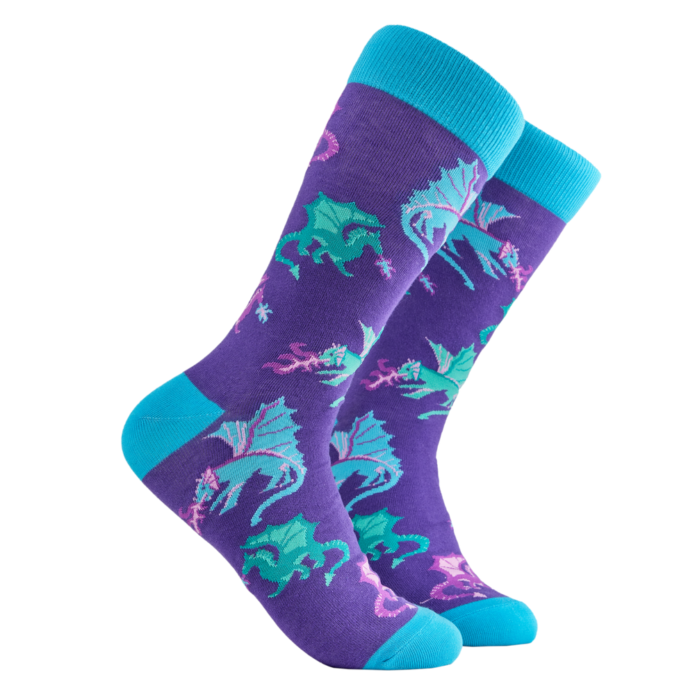 Dragon Socks - Dragon Fire. A pair of socks depicting fire breathing dragons. Purple legs, turquoise cuff, heel and toe.