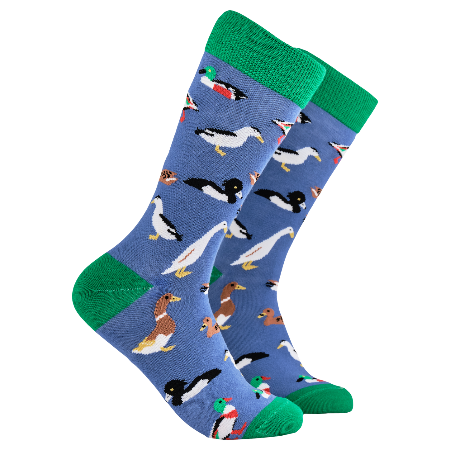 Duck Lover Socks. A pair of socks depicting various breeds of duck. Blue legs, green cuff, heel and toe.