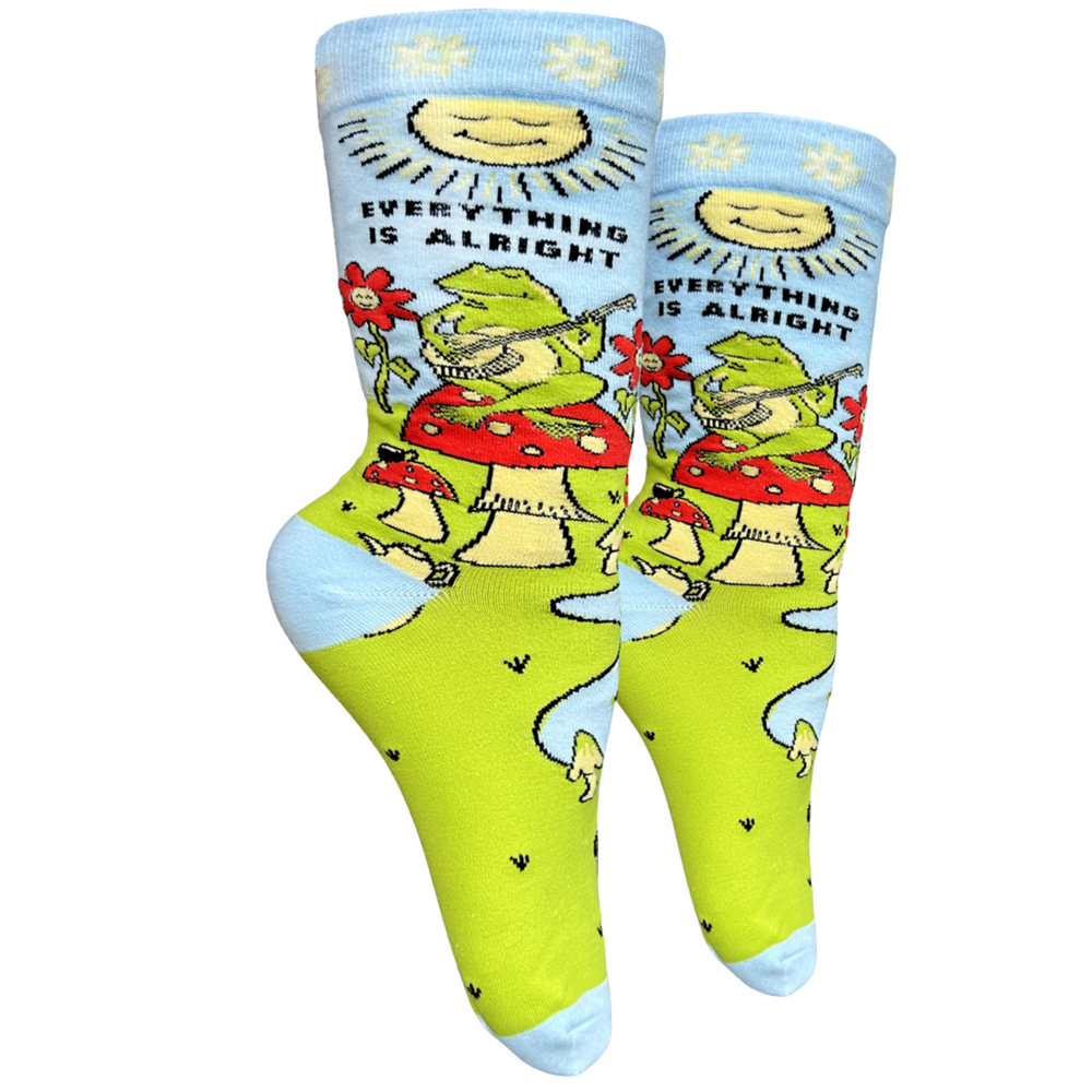 Everything Is Alright Socks. A pair of Socks depicting a blissed out frog sat on a magic mushroom. Bright blue toes, heels and cuffs.