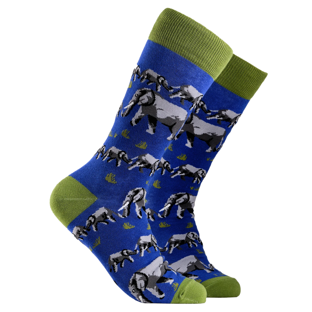 
                  
                    A pair of socks depicting elephants. Blue legs, green cuff, heel and toe.
                  
                