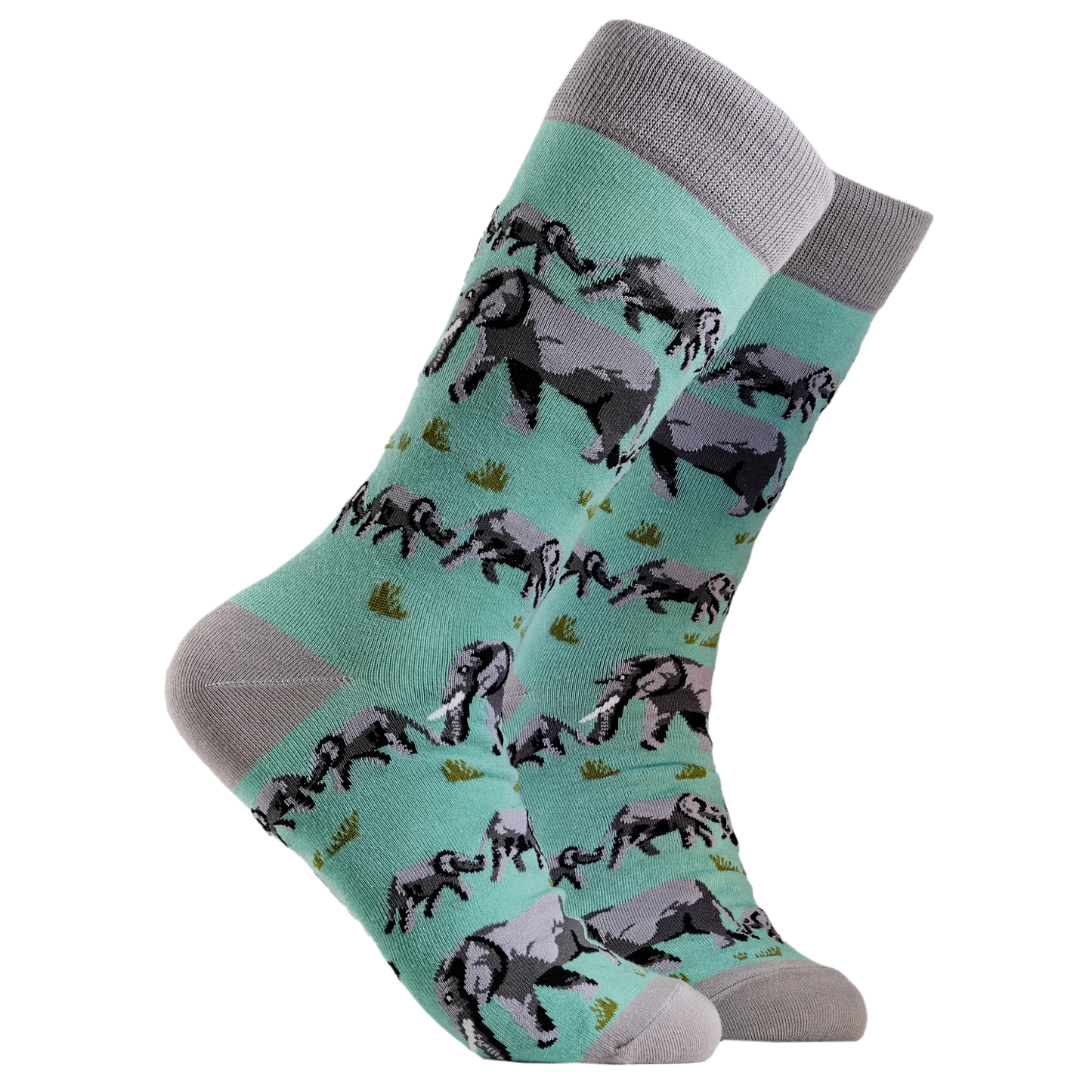 Elephants Socks. A pair of socks depicting elephants. Turquoise legs, grey cuff, heel and toe.