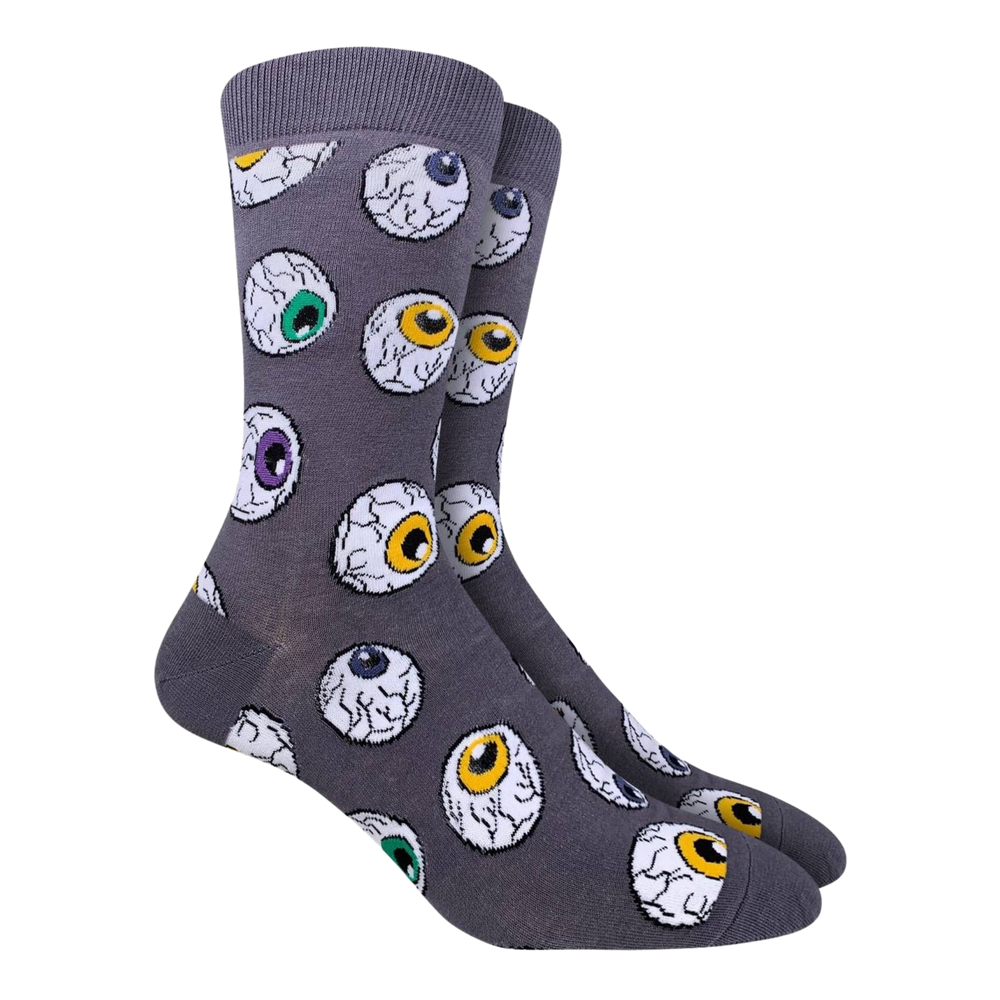 
                  
                    Eyeball Socks. A pair of socks depicting horror style eyeballs. Grey leg, cuff, toe and heel. 
                  
                