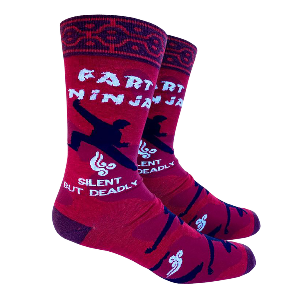 
                  
                    Fart Ninja Socks - Large. A pair of socks depicting a ninja doing a massive fart! Red and pink details with purple toes, heel and cuff. 
                  
                