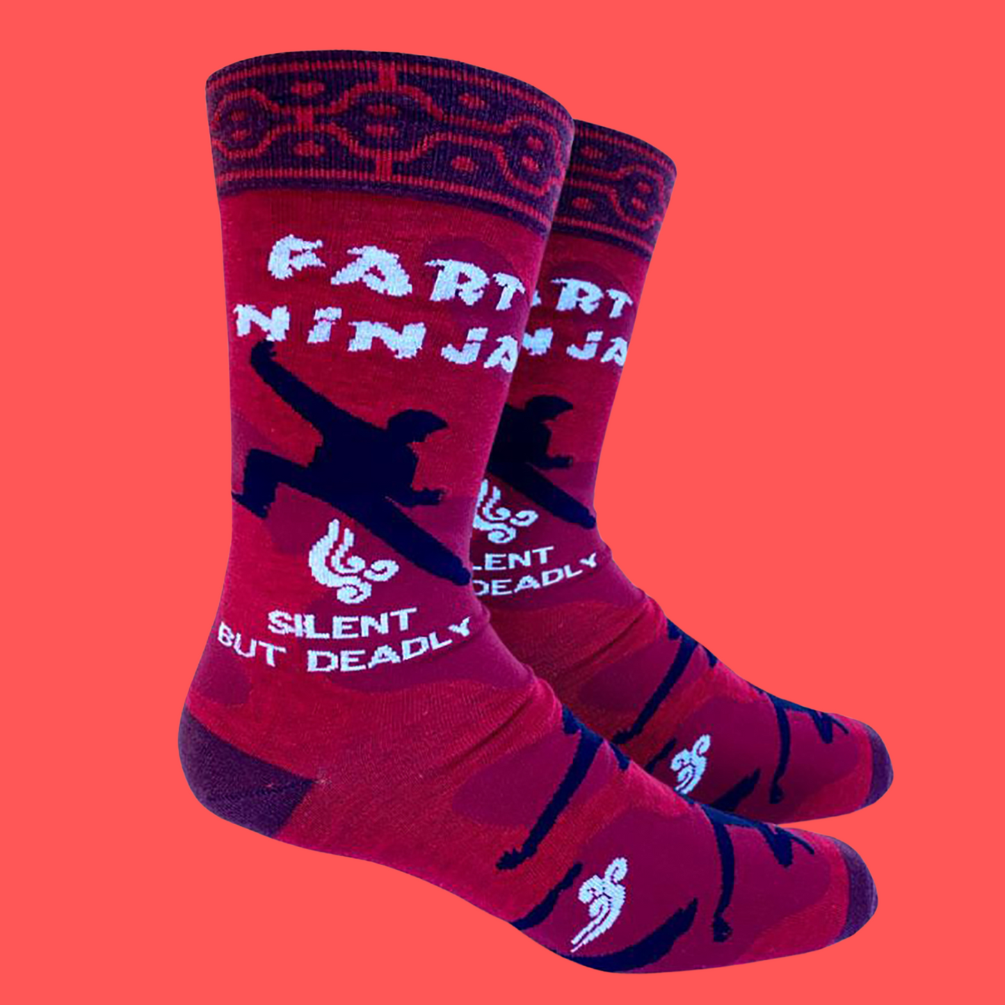 A pair of socks depicting a ninja doing a massive fart! Red and pink details with purple toes, heel and cuff.