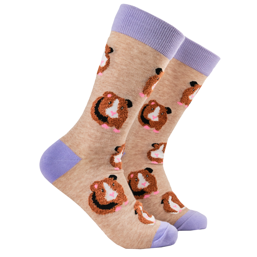 Fluffy Guinea Pigs Socks. A pair of socks with fluffy guinea pigs. Brown legs, purple heel, toe and cuff. 