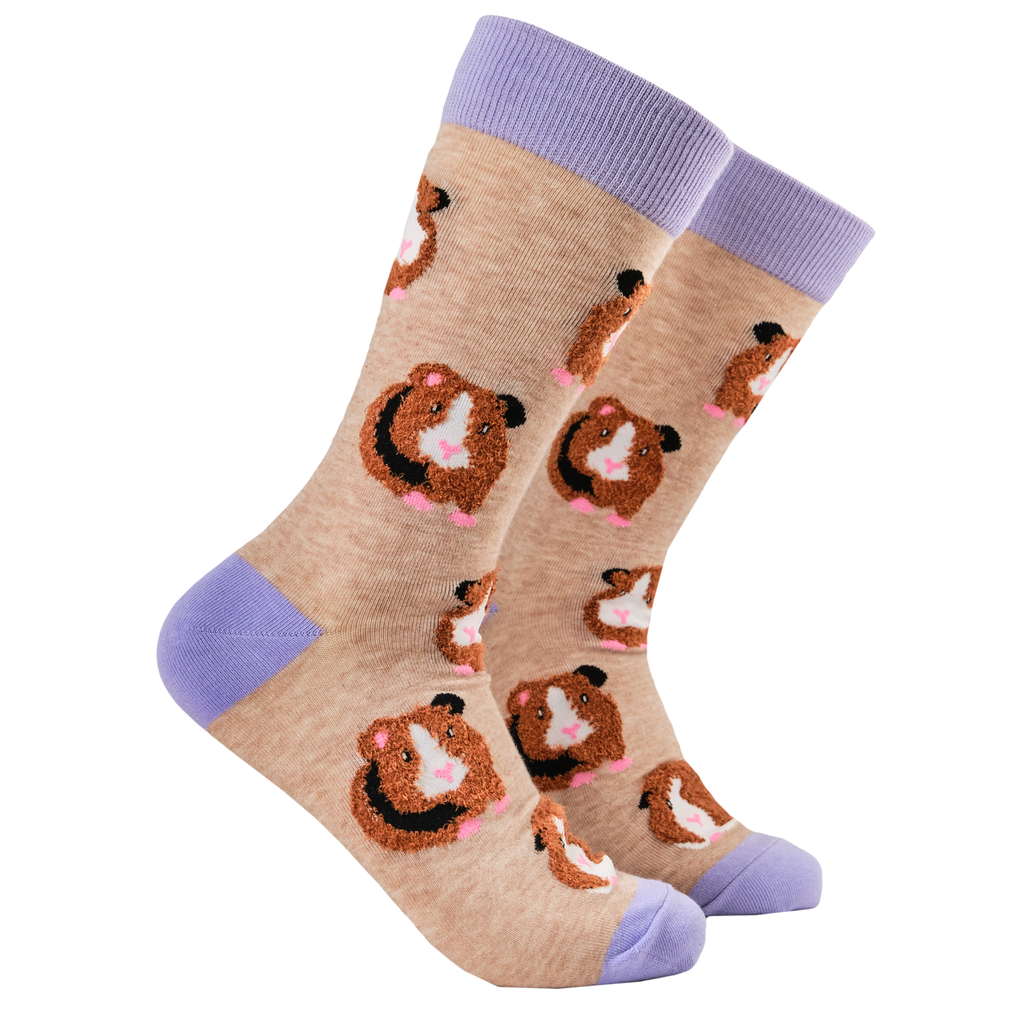 Fluffy Guinea Pigs Socks. A pair of socks with fluffy guinea pigs. Brown legs, purple heel, toe and cuff. 