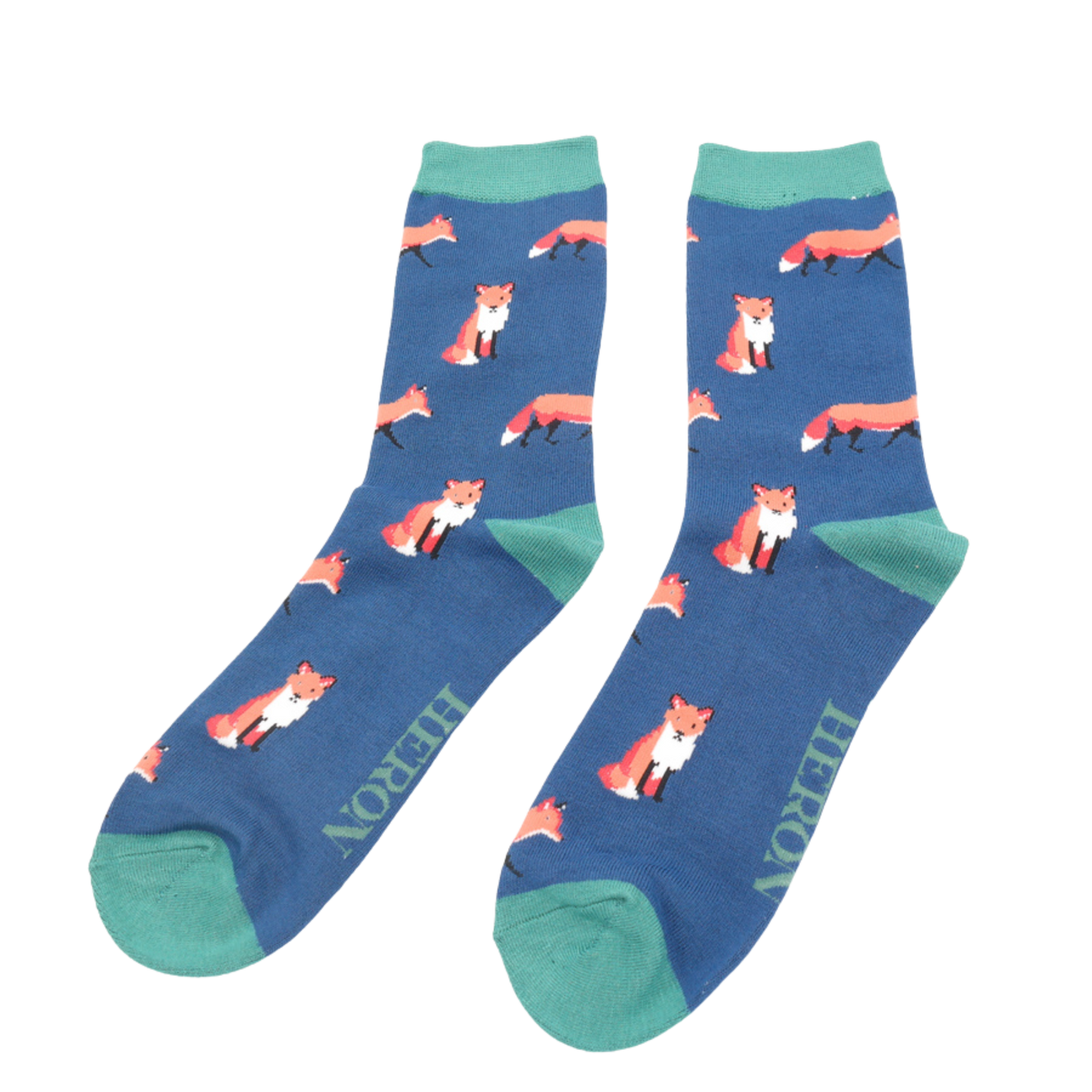 
                  
                    A pair of socks featuring a cute fox design. Blue legs, green cuff, heel and toe.
                  
                