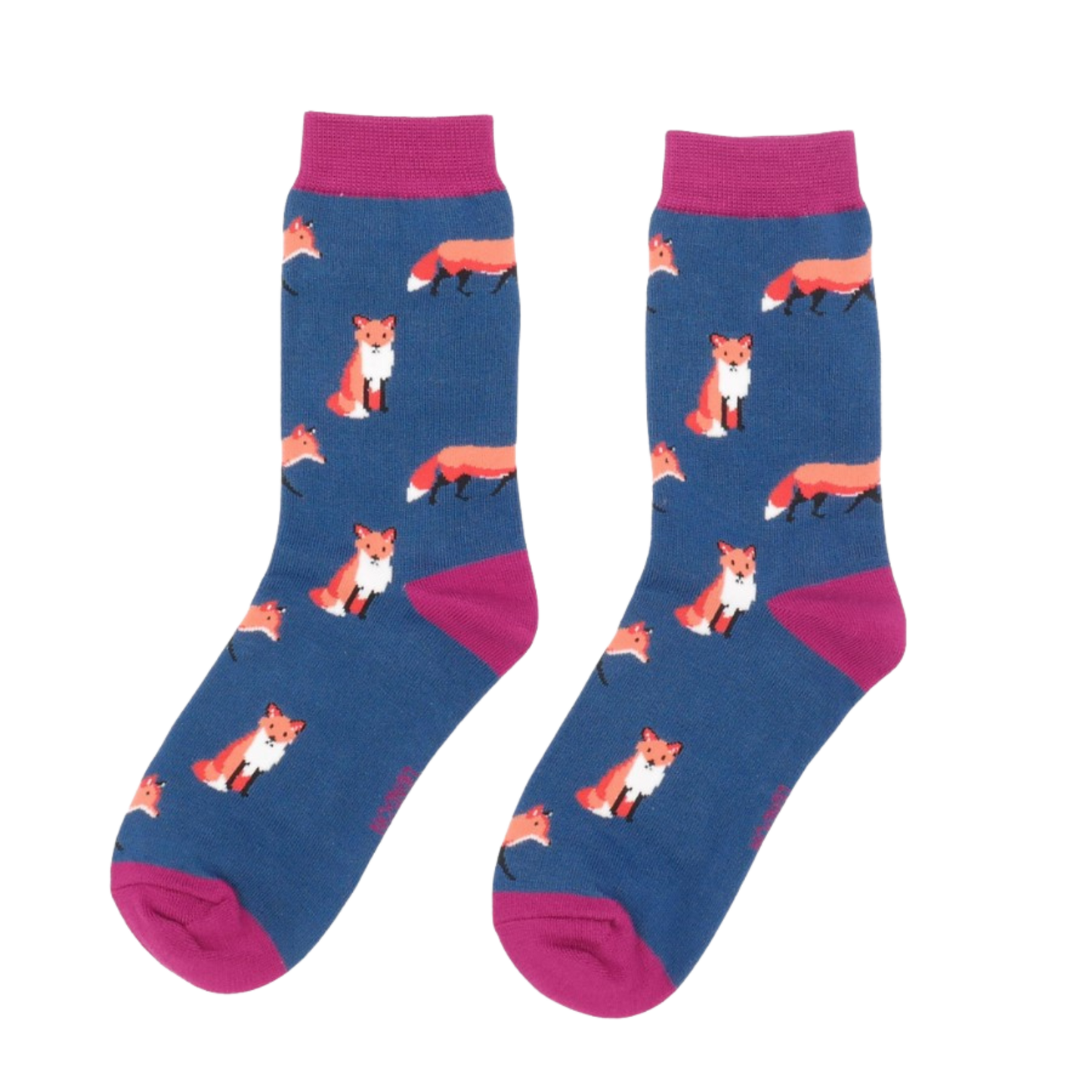 
                  
                    A pair of socks featuring a cute fox design. Dark Blue legs, pink cuff, heel and toe.
                  
                