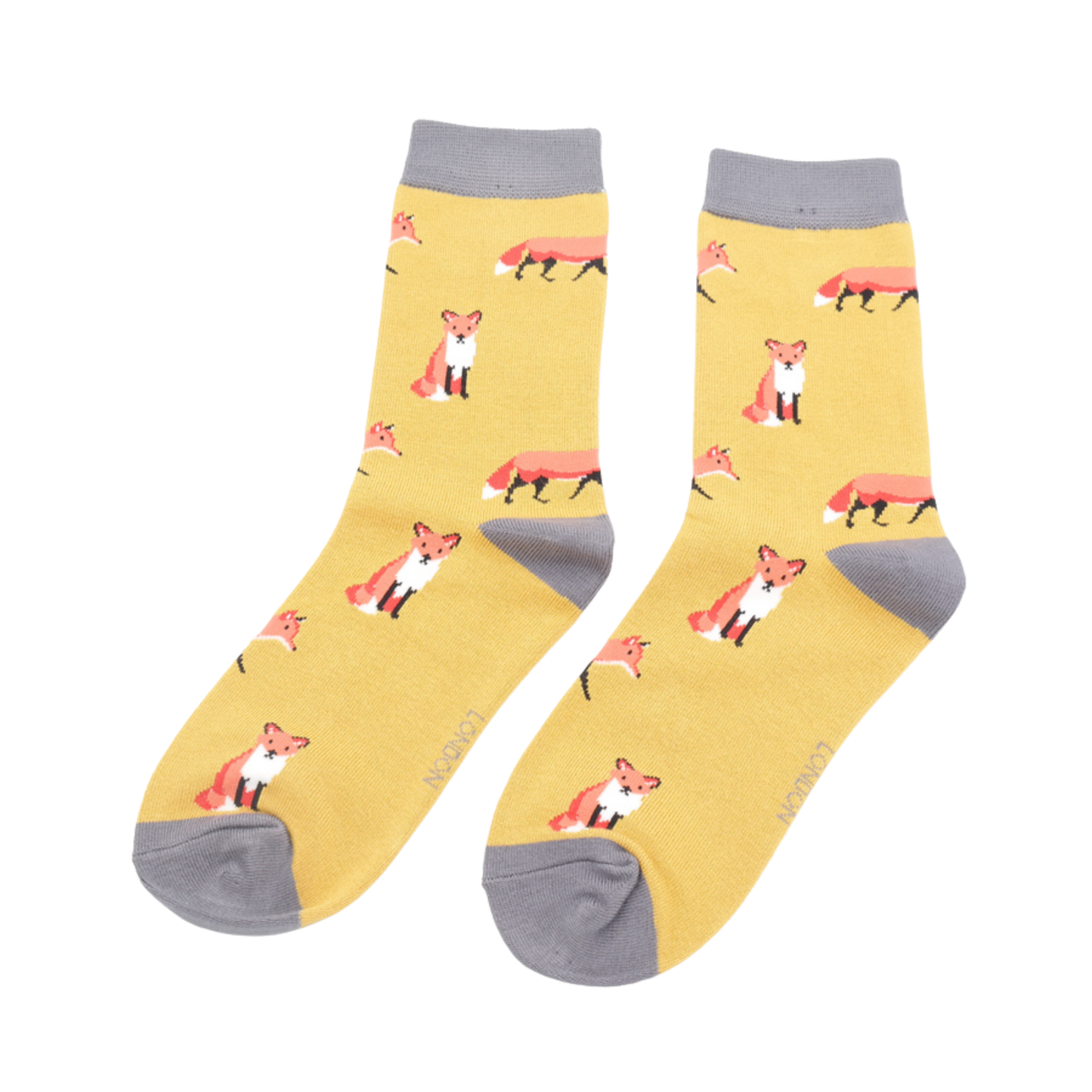 
                  
                    A pair of socks featuring a cute fox design. Yellow legs, grey cuff, heel and toe.
                  
                