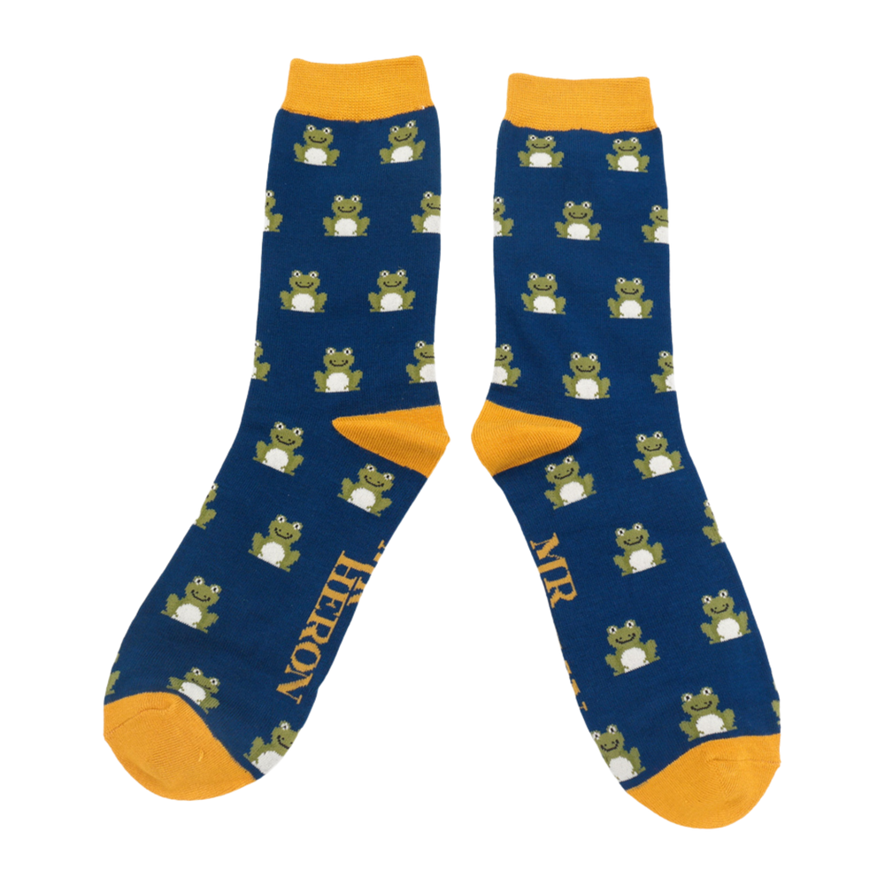 
                  
                    Frogs Bamboo Socks - Miss Sparrow. A pair of socks depicting happy frogs. Dark blue legs, yellow cuff, heels and toes.
                  
                