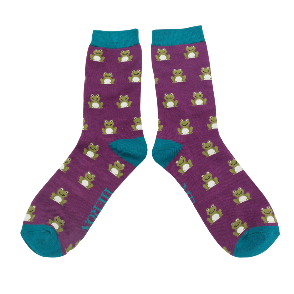 
                  
                    A pair of socks depicting happy frogs. Purple legs, teal cuff, heels and toes.
                  
                