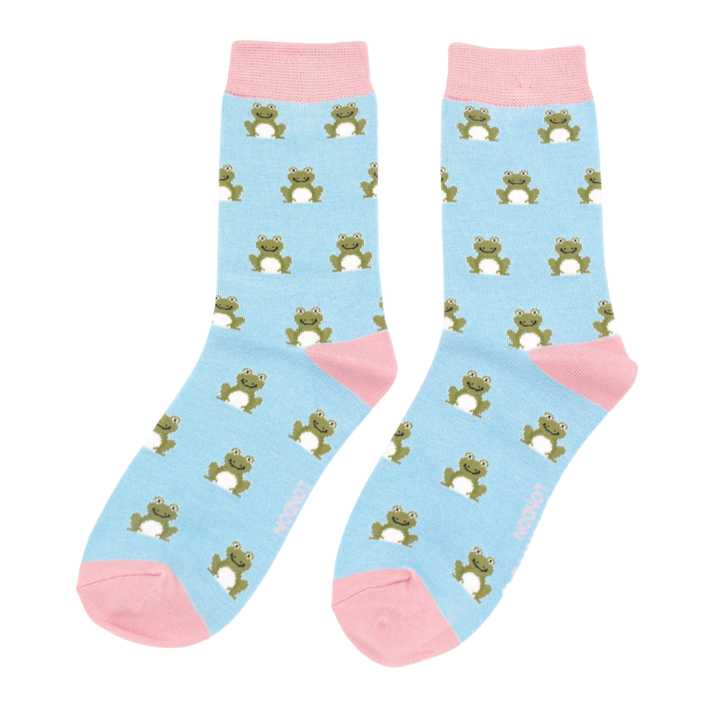 
                  
                    A pair of socks depicting happy frogs. Light blue legs, pink cuff, heels and toes.
                  
                