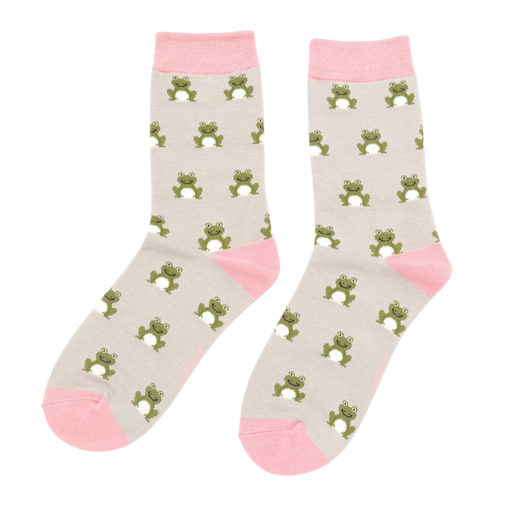 
                  
                    A pair of socks depicting happy frogs. Light grey legs, pink cuff, heels and toes.
                  
                