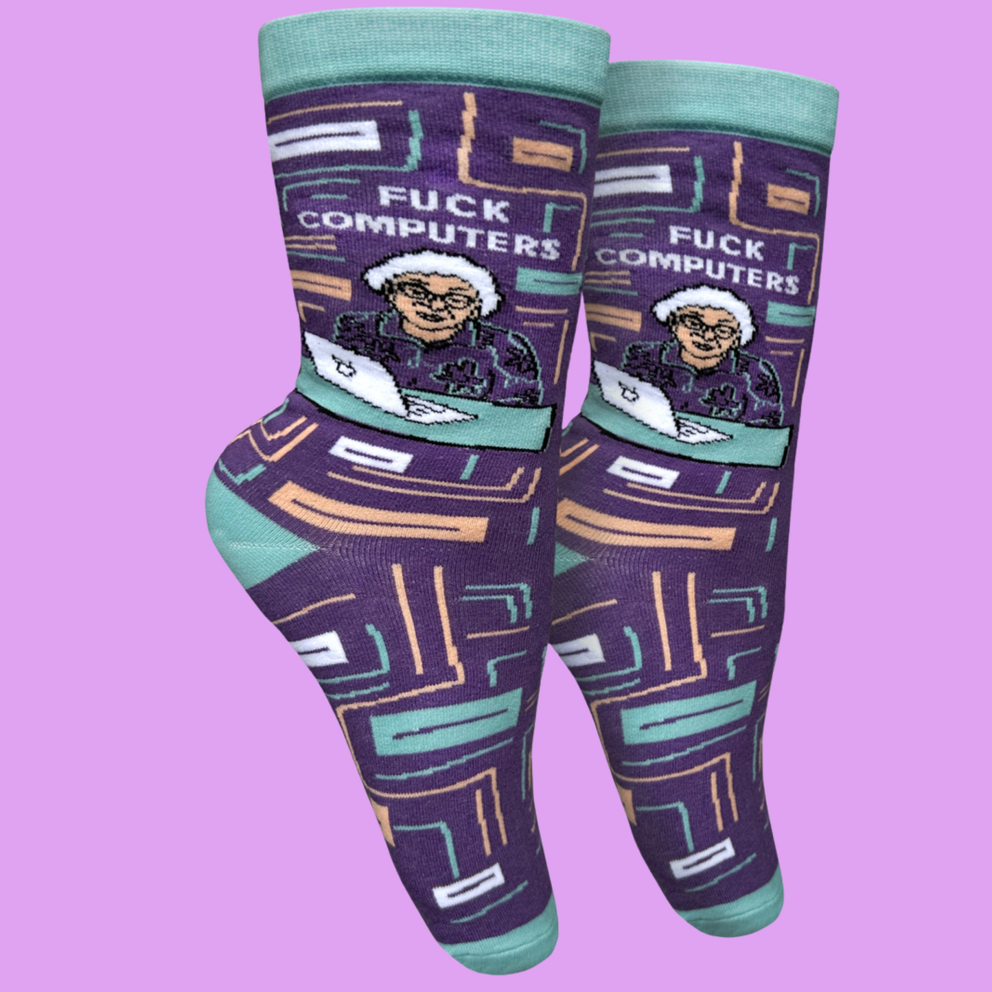 
                  
                    A paie of socks with a bold sweary slogan and a cool peach and purple design. Teal toes, heel and cuff.
                  
                