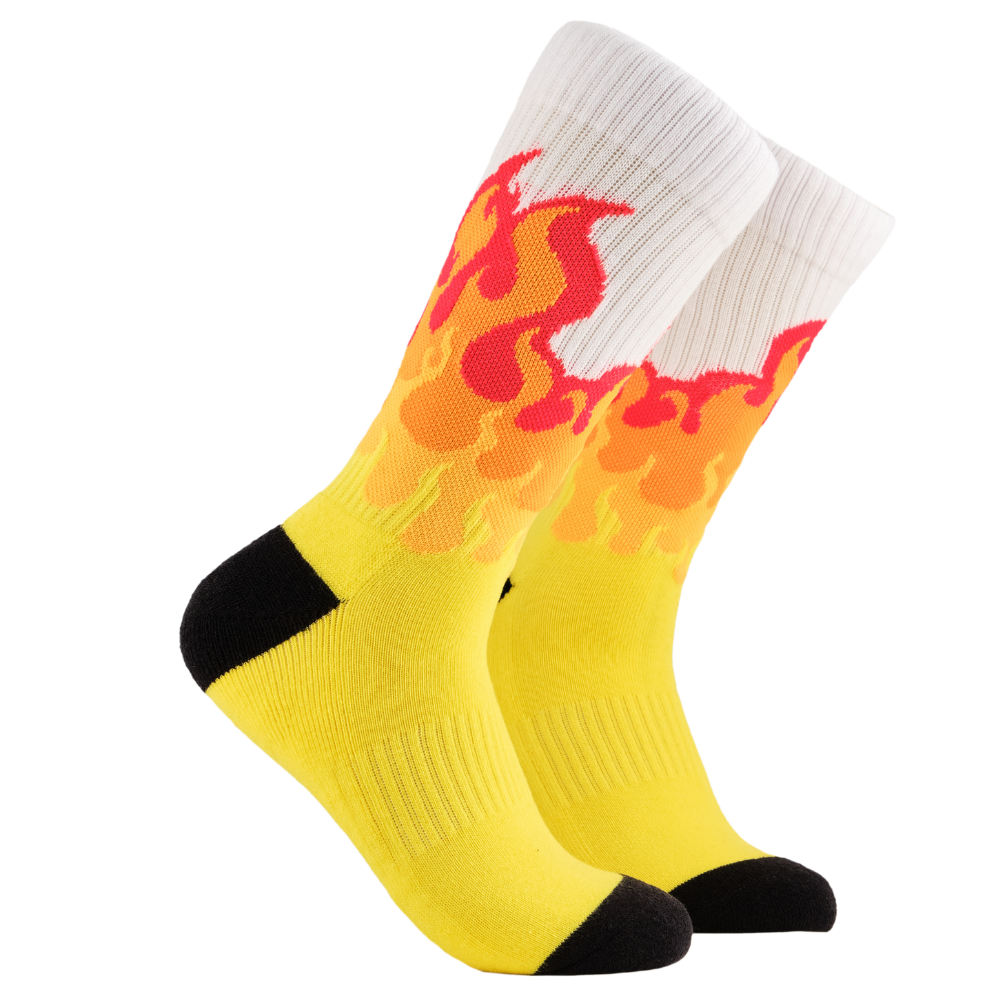 
                  
                    Flames Athletic Socks. A pair of socks depicting rising flames. Yellow legs, white cuff, black heel and toe.
                  
                