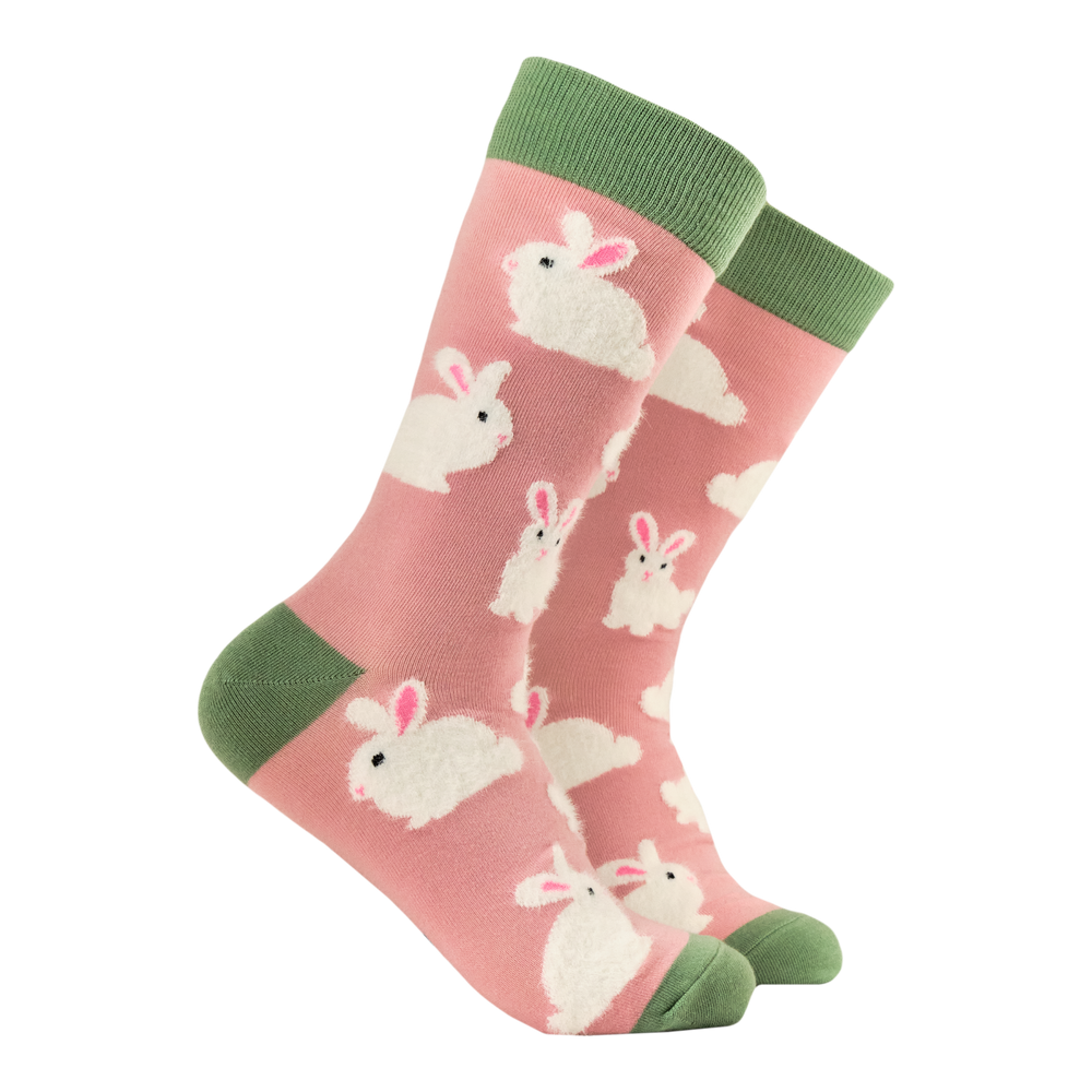 Fluffy Bunnies Socks. A pair of socks that feature fluffy bunnies. Pink legs, green, heel, toe and cuff. 