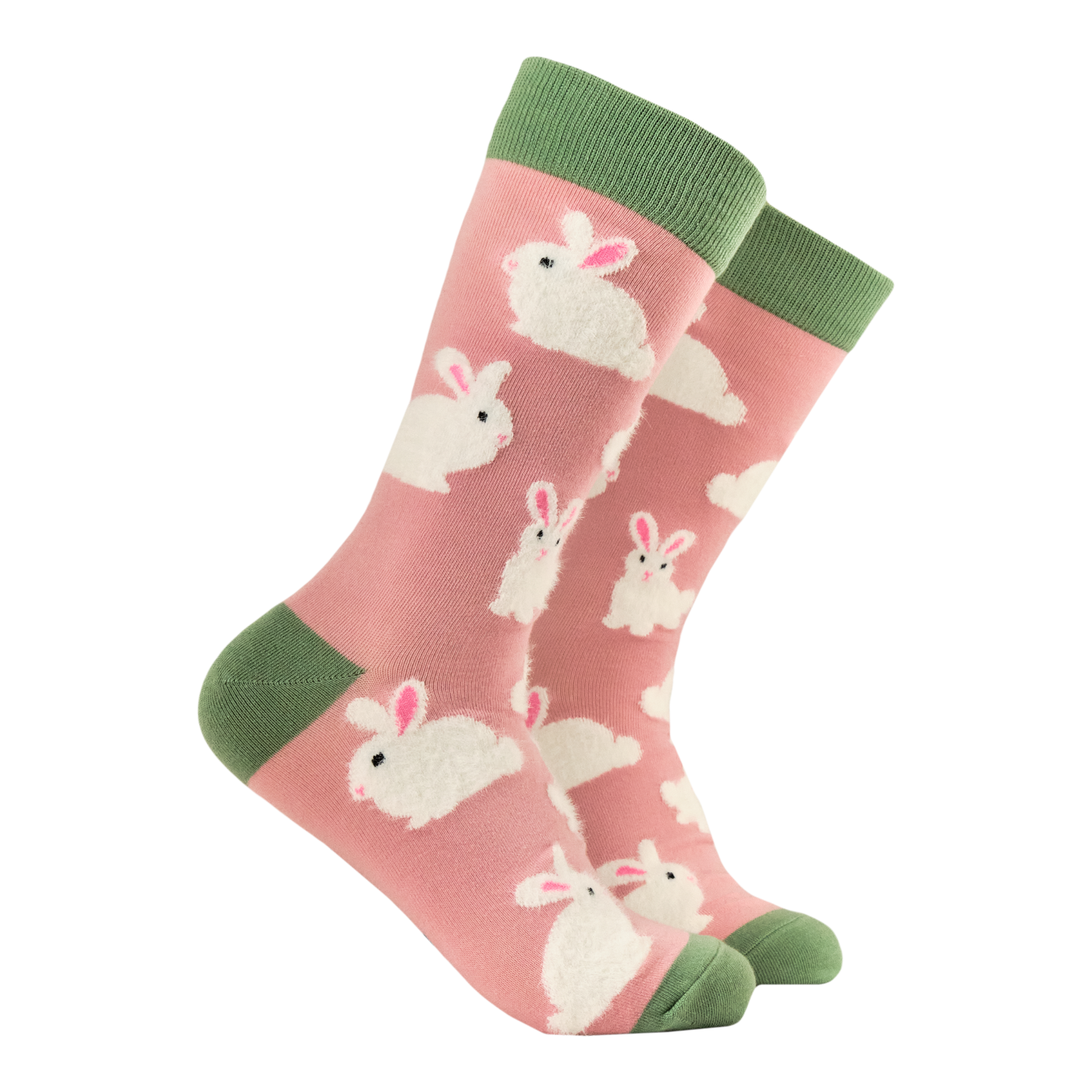 Fluffy Bunnies Socks. A pair of socks that feature fluffy bunnies. Pink legs, green, heel, toe and cuff. 