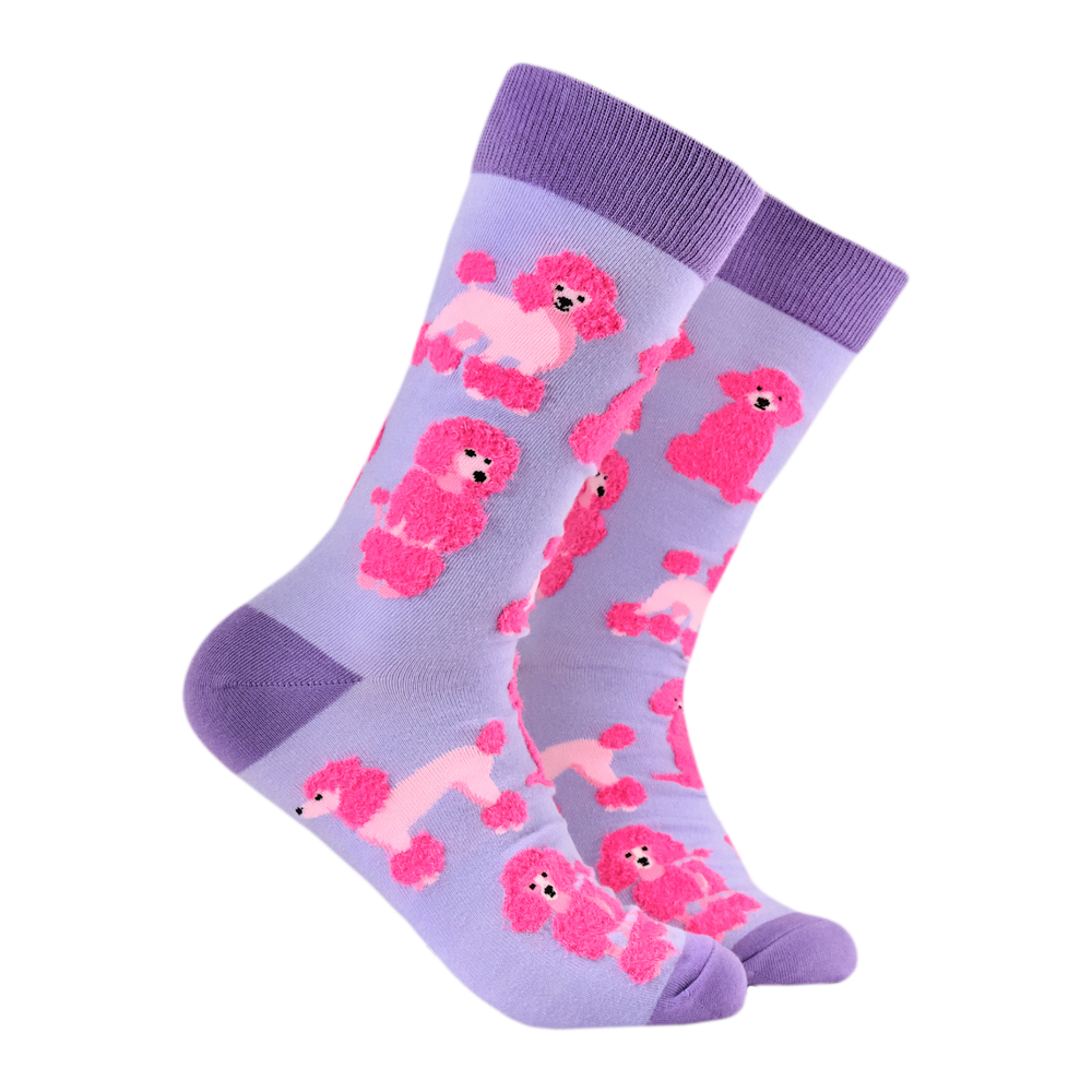 
                      
                        Fluffy Poodles Socks. A pair of socks featuring fluffy poodles. Light purple legs, dark purple heel, toe and cuff. 
                      
                    