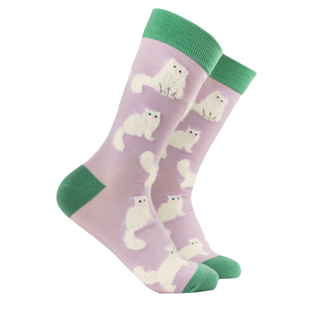 Fluffy White Cats Socks. A pair of socks featuring fluffy white cats. Light pink legs, green heel, toe and cuff. 