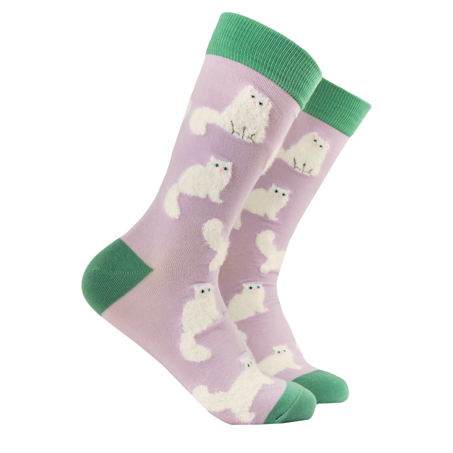 Fluffy White Cats Socks. A pair of socks featuring fluffy white cats. Light pink legs, green heel, toe and cuff. 