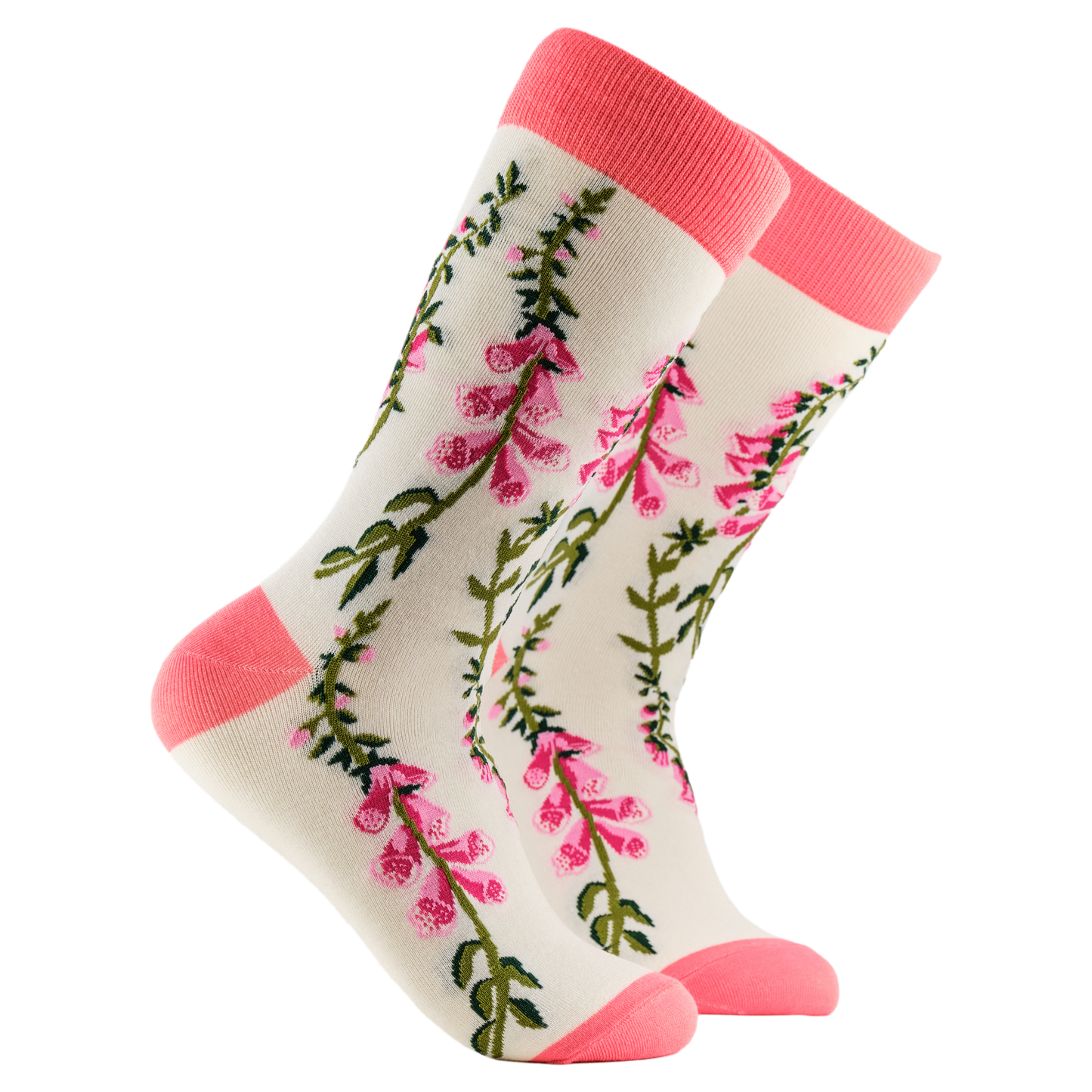 Fox Gloves Floral Bamboo Socks. A pair of socks depicting fox gloves. Cream legs, pink cuff, heel and toe.