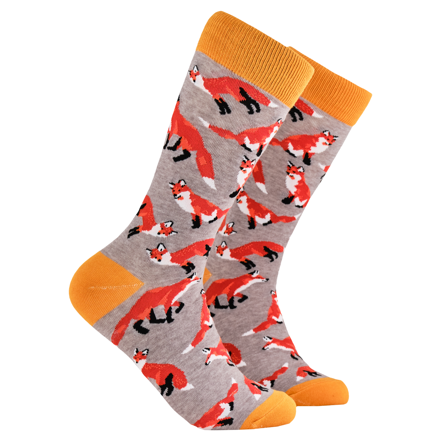 Foxes Socks. A pair of socks depicting playful foxes. Grey legs, orange cuff, heel and toe.