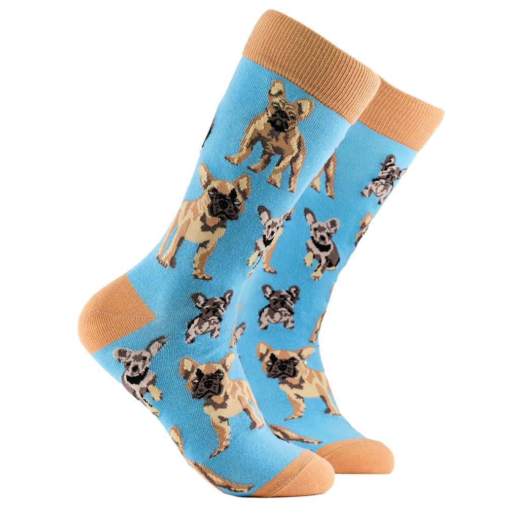 French Bulldog Socks - Frenchies. A pair of socks depicting french bulldogs. Blue legs, brown cuff, heel and toe.