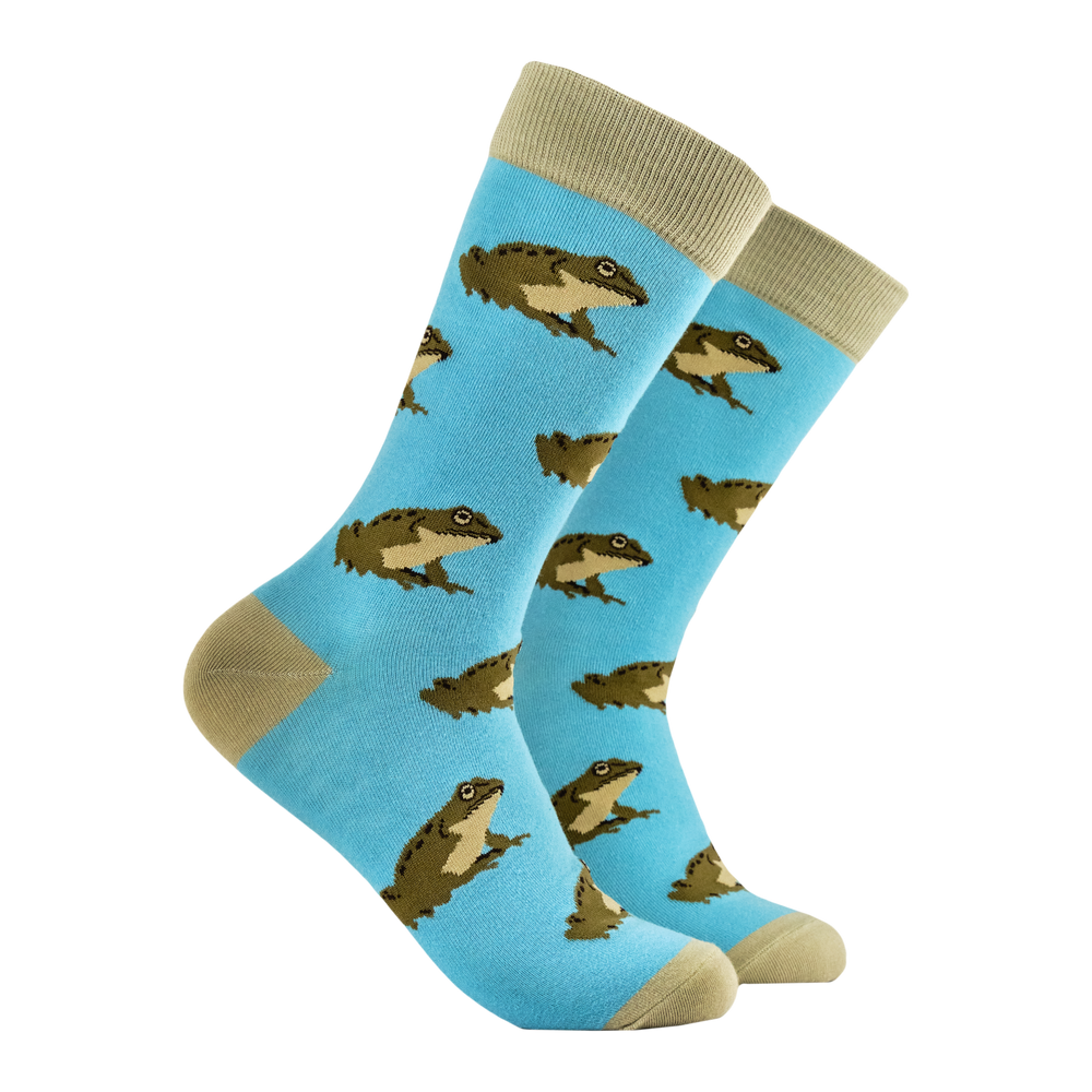 
                      
                        A pair of socks depicting frogs. Blue legs, brown heel, toe and cuff.  
                      
                    