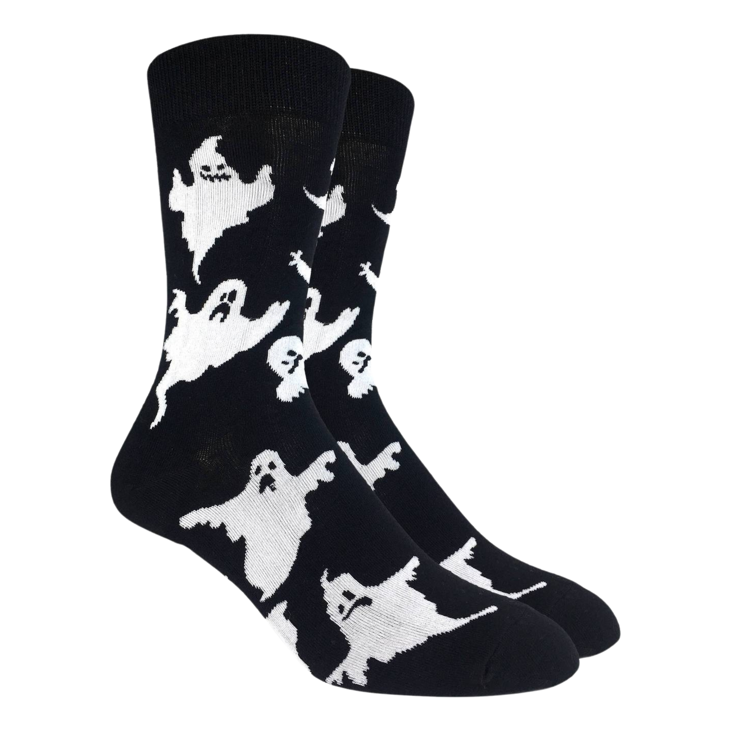 
                  
                    A pair of socks depicting classic bed sheet ghosts on a black background. 
                  
                