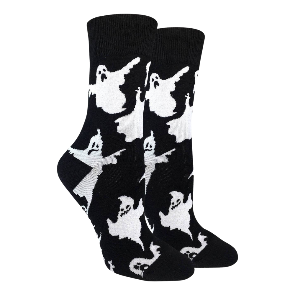 Ghost Socks. A pair of socks depicting classic bed sheet ghosts on a black background. 