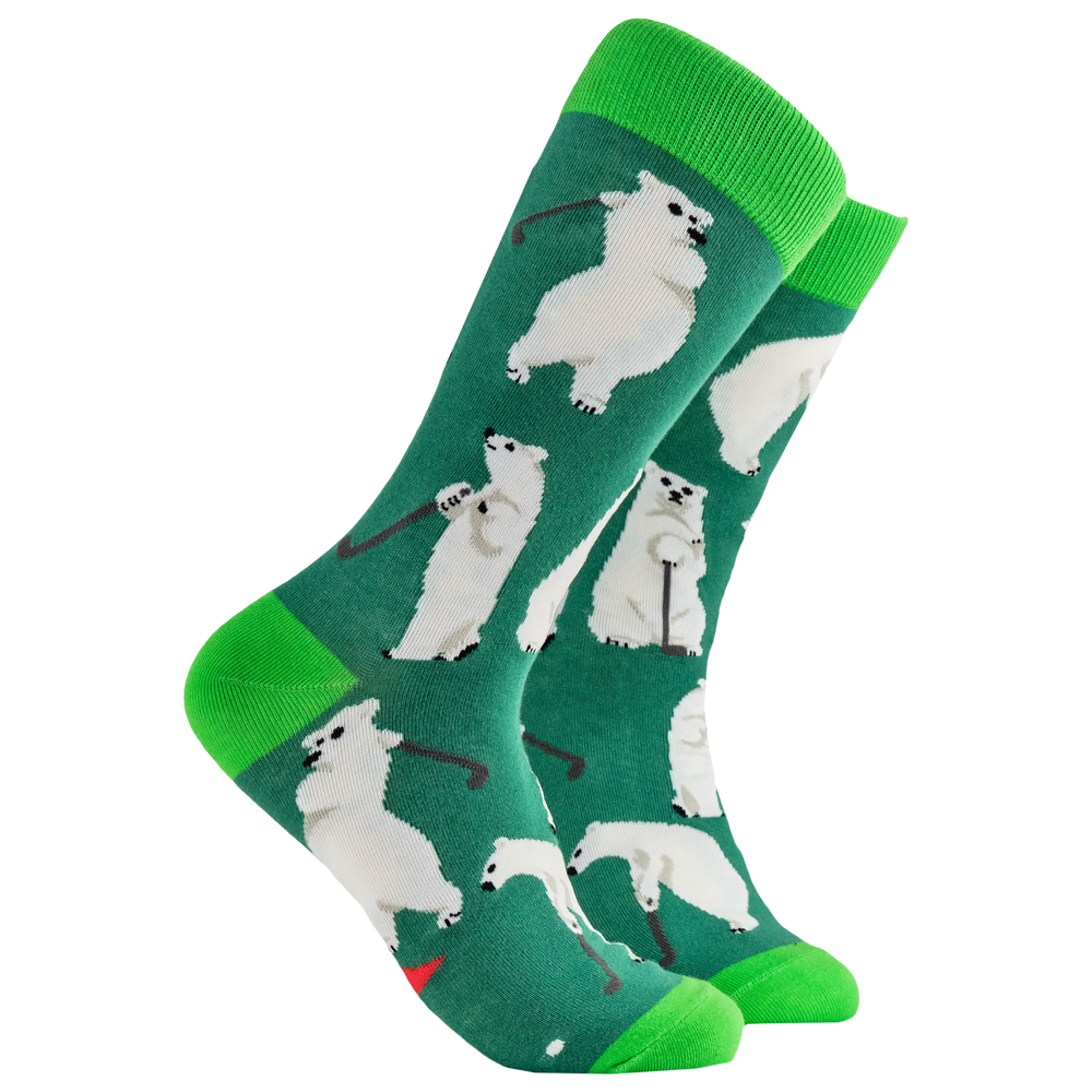 Polar Bear Socks - Golf Bear. A pair of socks depicting a polar bear playing golf. Dark green legs, bright green heel, toe and cuff. 