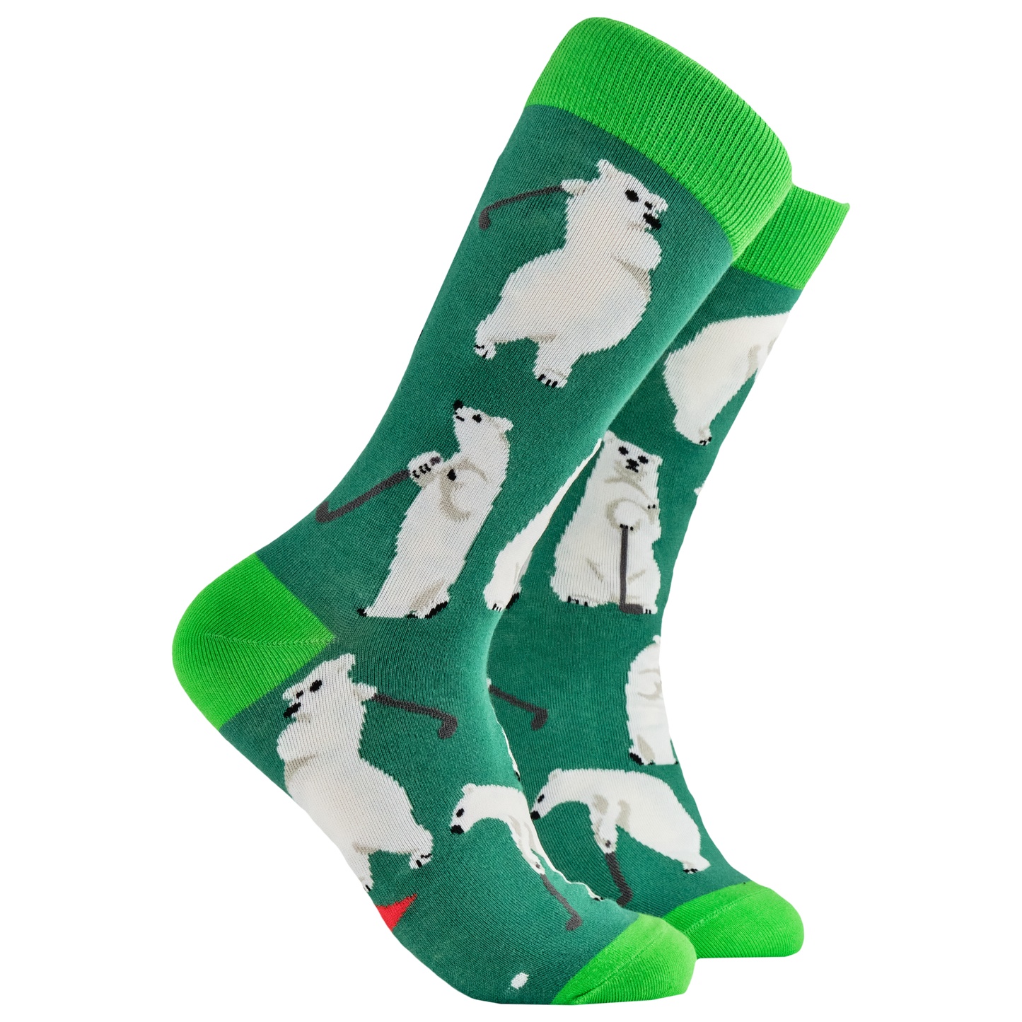 Polar Bear Socks - Golf Bear. A pair of socks depicting a polar bear playing golf. Dark green legs, bright green heel, toe and cuff. 