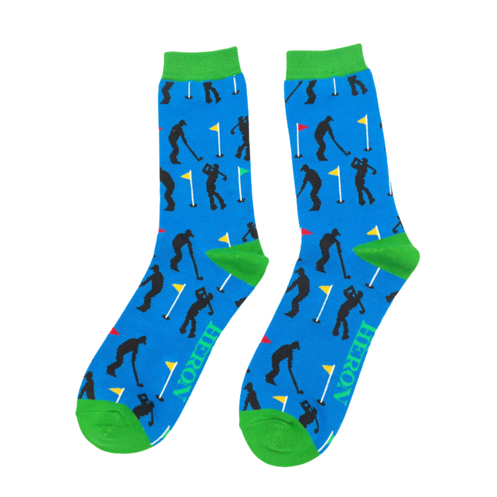 
                  
                    Golfers Bamboo Socks - Miss Sparrow. A pair of socks depicting golfers. Blue legs, bright green heel, toe and cuff.
                  
                