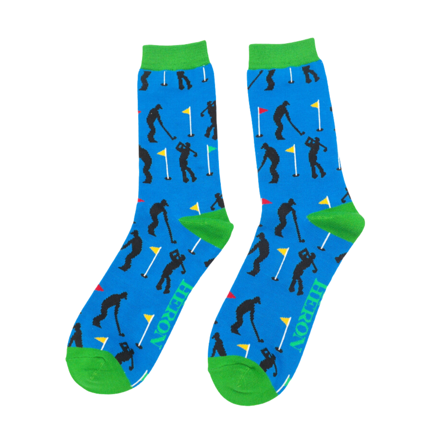 
                  
                    Golfers Bamboo Socks - Miss Sparrow. A pair of socks depicting golfers. Blue legs, bright green heel, toe and cuff.
                  
                