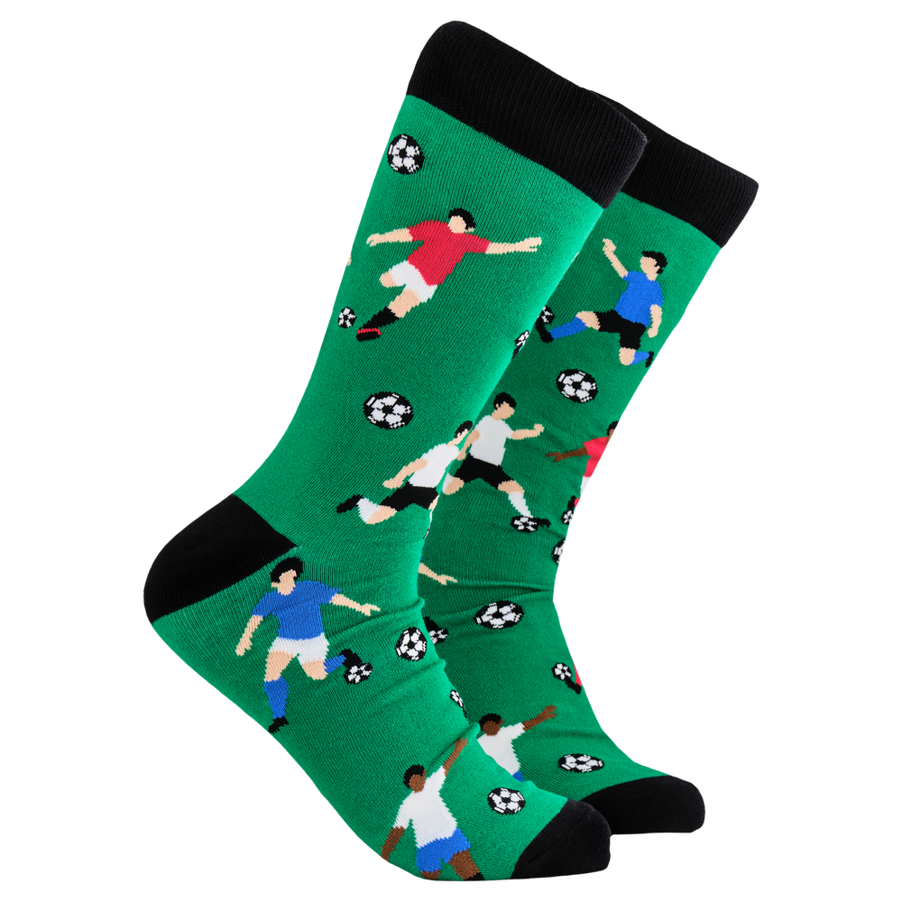 Football Socks - GOOOAAAALLLLL! A pair of socks depicting footballers. Green legs, black cuff, heel and toe.