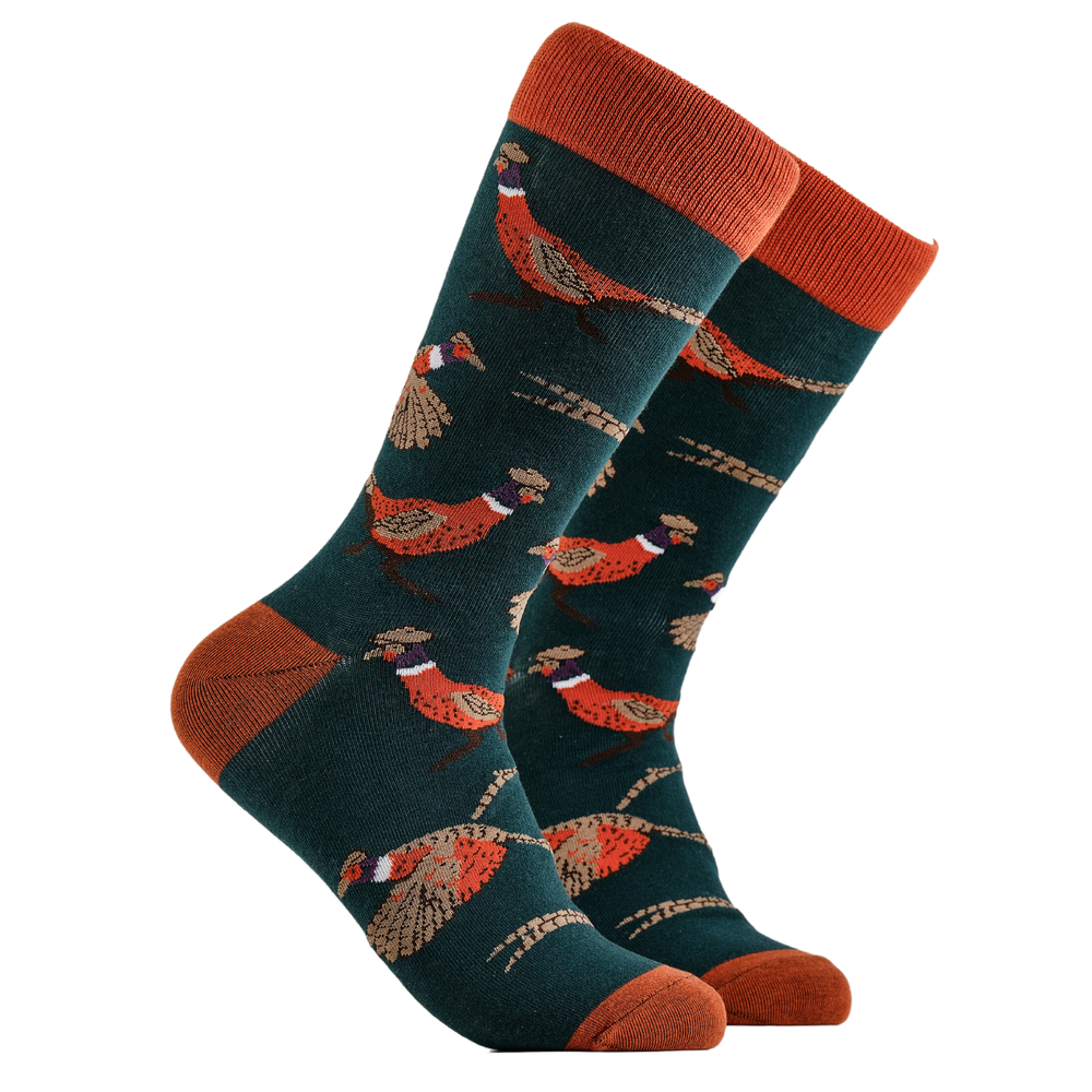 Pheasant Socks - Game Bird. A pair of socks depicting wild pheasants. Green legs, red cuff, heel and toe.