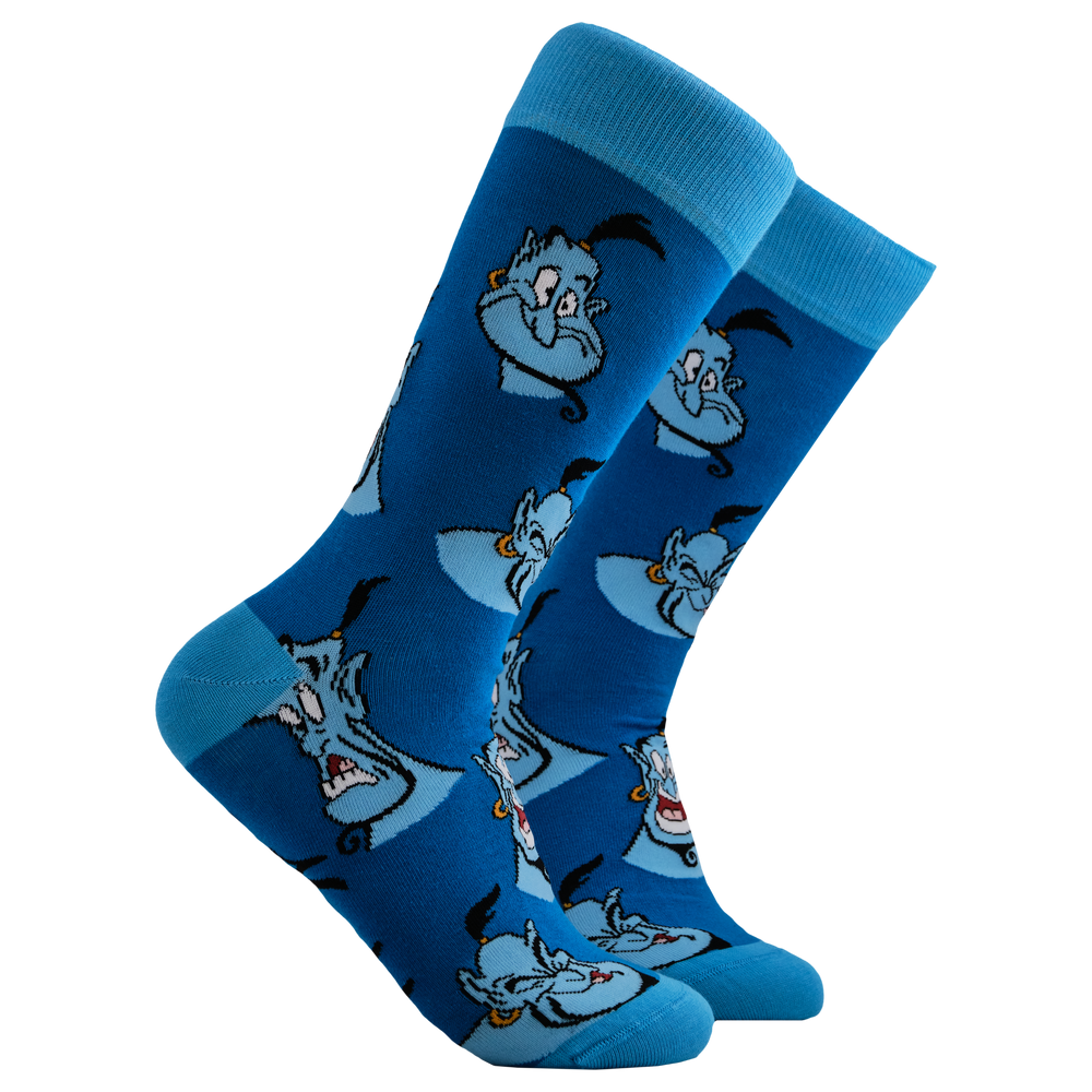 Disney's Aladdin Socks - Genie. A pair of socks depicting the genie from Aladdin. Blue legs, light blue toe, heel and cuff. 