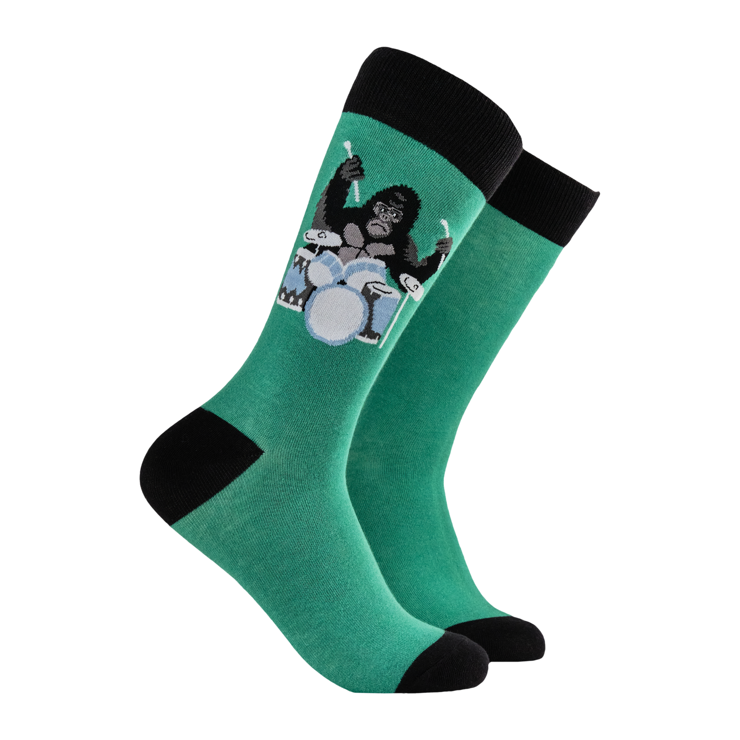 Gorilla Drumming Socks. A pair of socks featuring a drumming gorilla. Green legs, black heel, toe and cuff. 