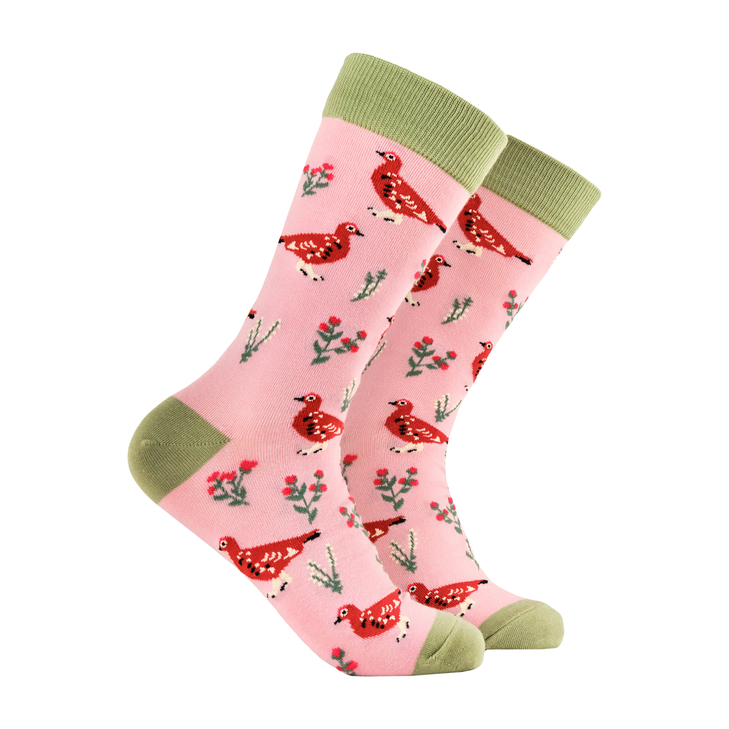 Grouse Socks. A pair of socks featuring a grouse motif. Pink legs, green heel, toe and cuff. 